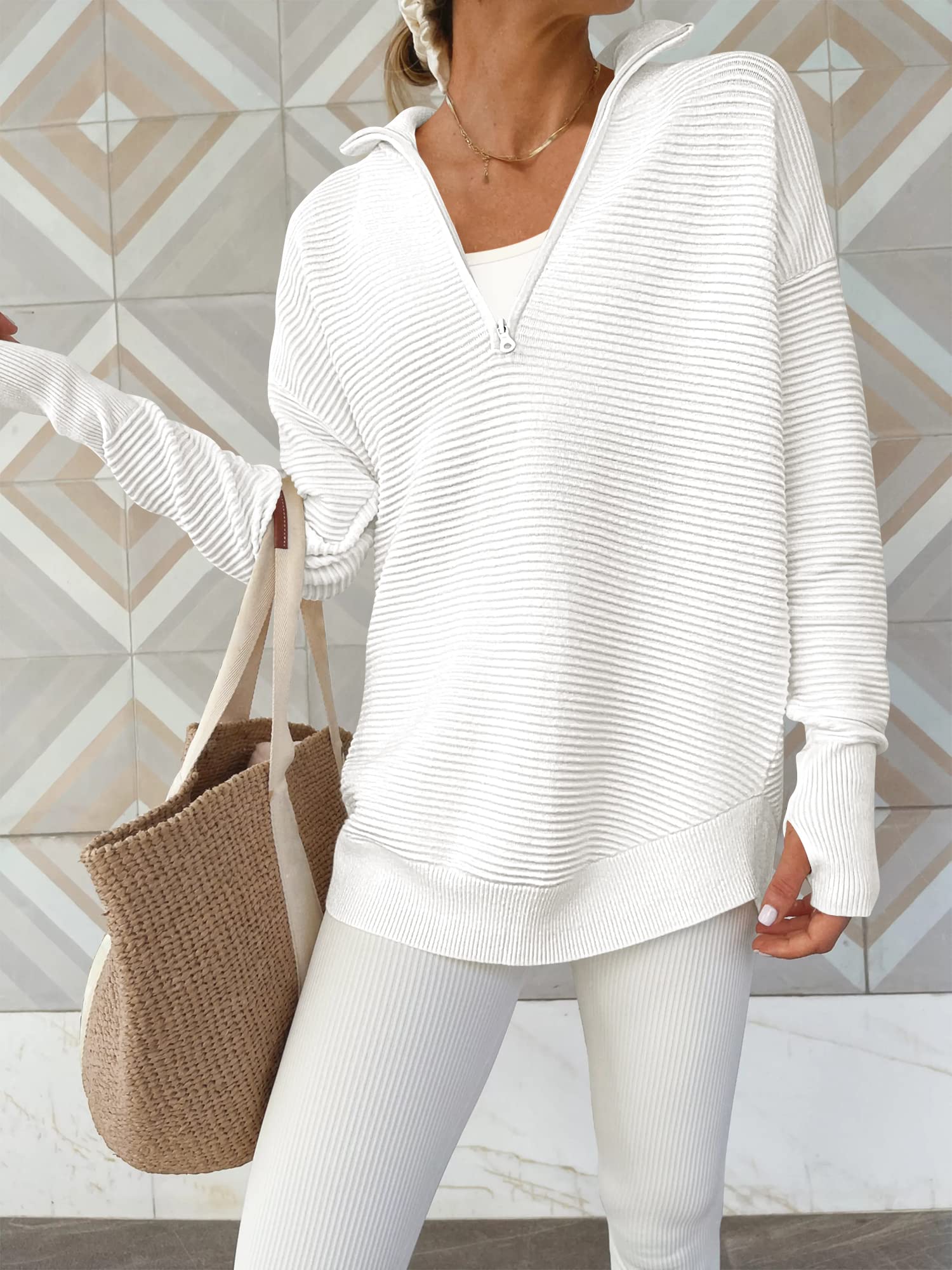 Women's Long Sleeve Half Zip Oversized Ribbed Knit Pullover Sweater（buy 2 free shipping）
