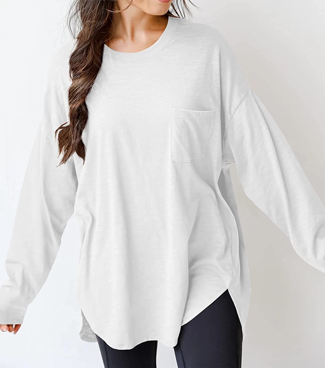 Cotton casual crew neck oversized long sleeve t-shirt top with pockets