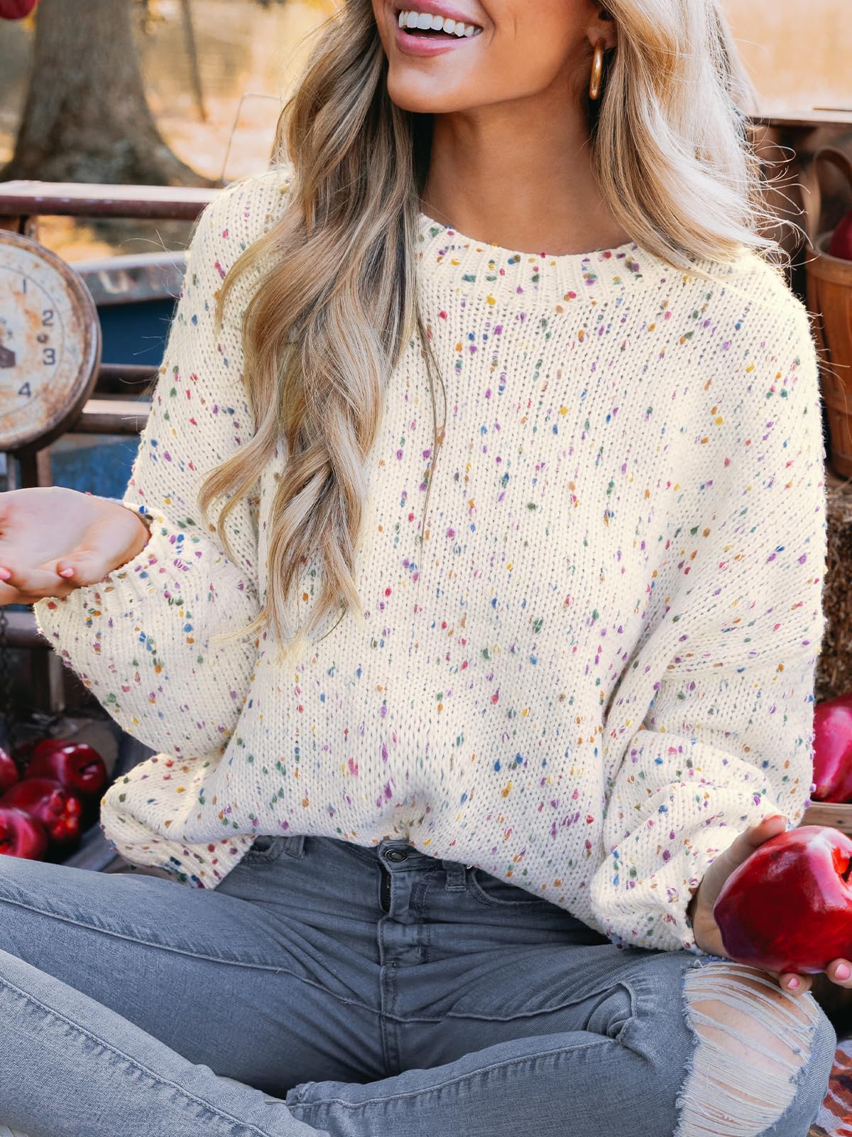 Women's Rainbow Pom Ribbed Knit Pullover Sweater