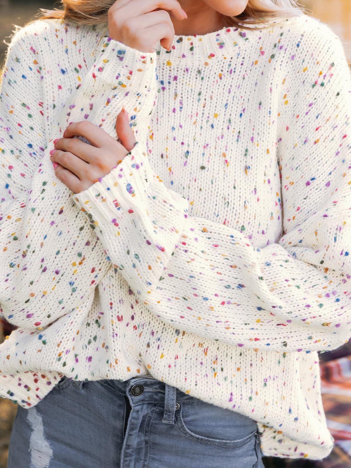 Women's Rainbow Pom Ribbed Knit Pullover Sweater