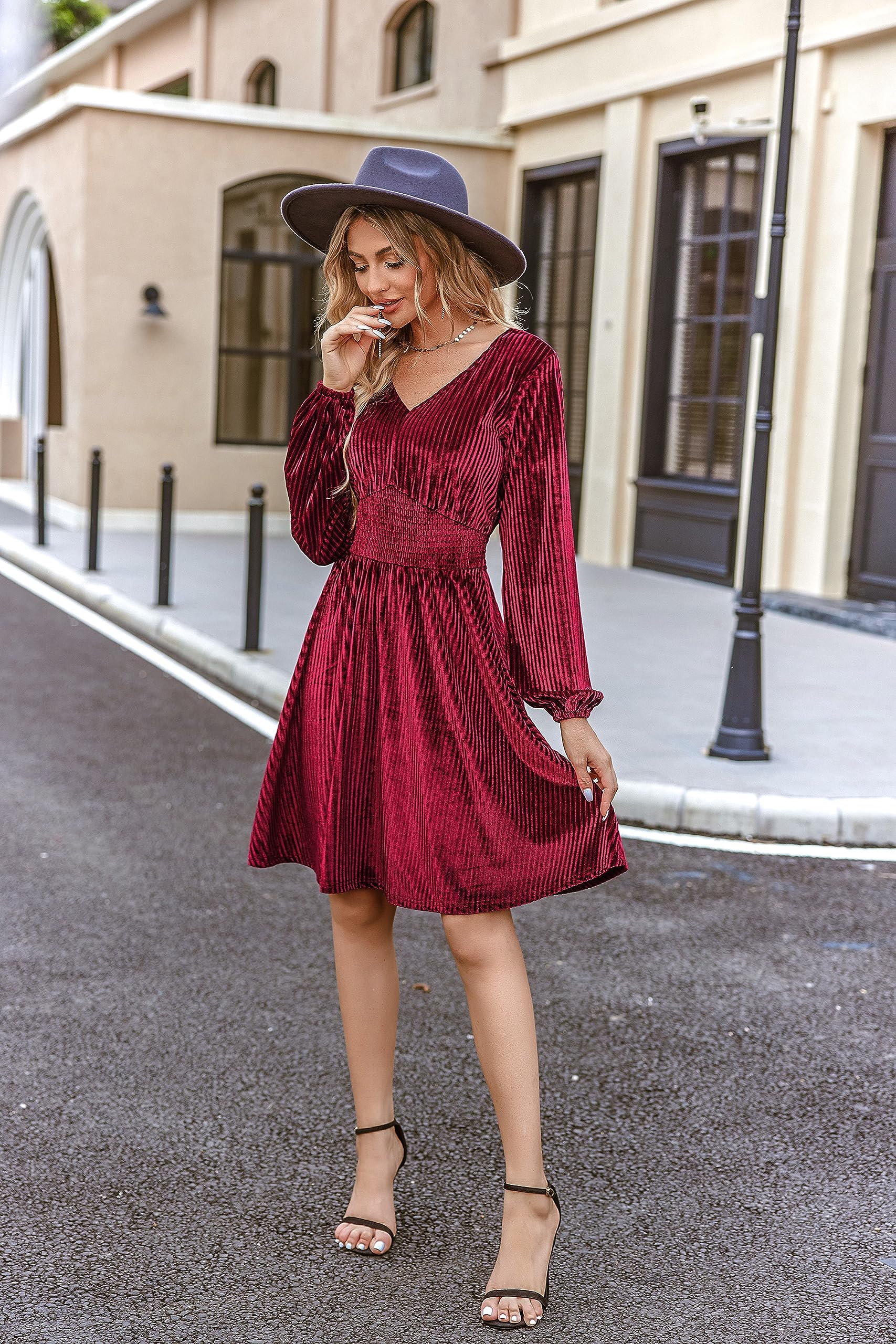 Women's Velvet V-neck Long Sleeve Stretch Mini Party Cocktail Flared Dress(buy 2 10% OFF)