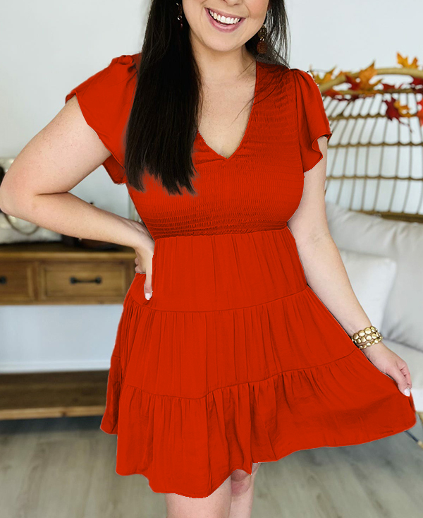 V Neck Smocked Tiered Dress(Buy 2 Free Shipping)