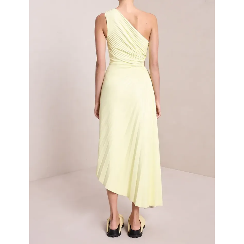 New One-Shoulder Diagonal Satin Pleated Dress