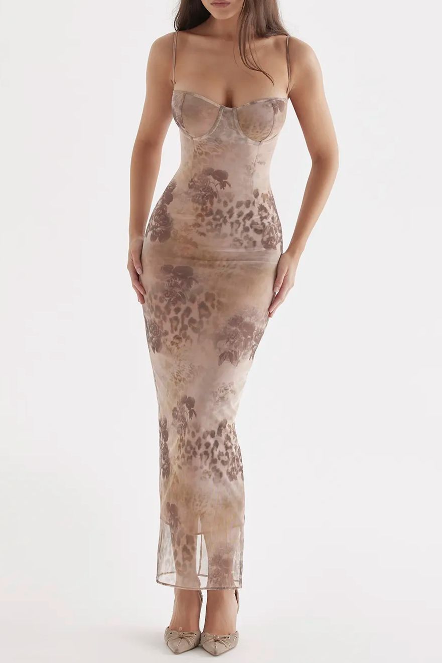 Lace Trim Vintage Print Slit Long Dress