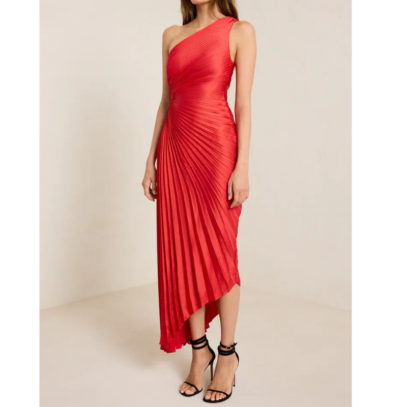 New One-Shoulder Diagonal Satin Pleated Dress