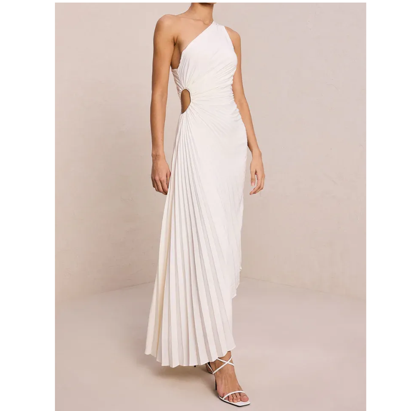 New One-Shoulder Diagonal Satin Pleated Dress