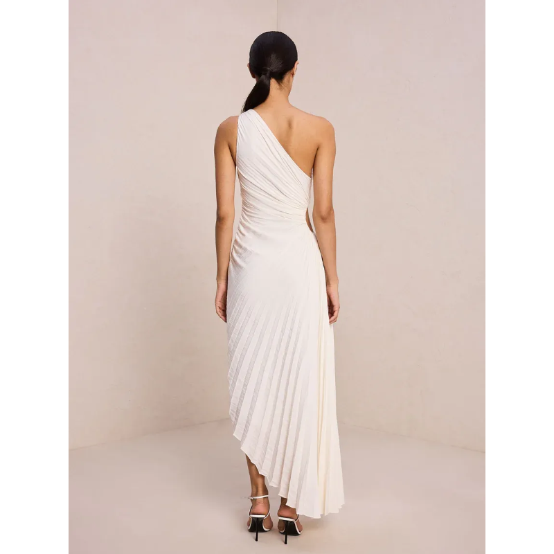 New One-Shoulder Diagonal Satin Pleated Dress