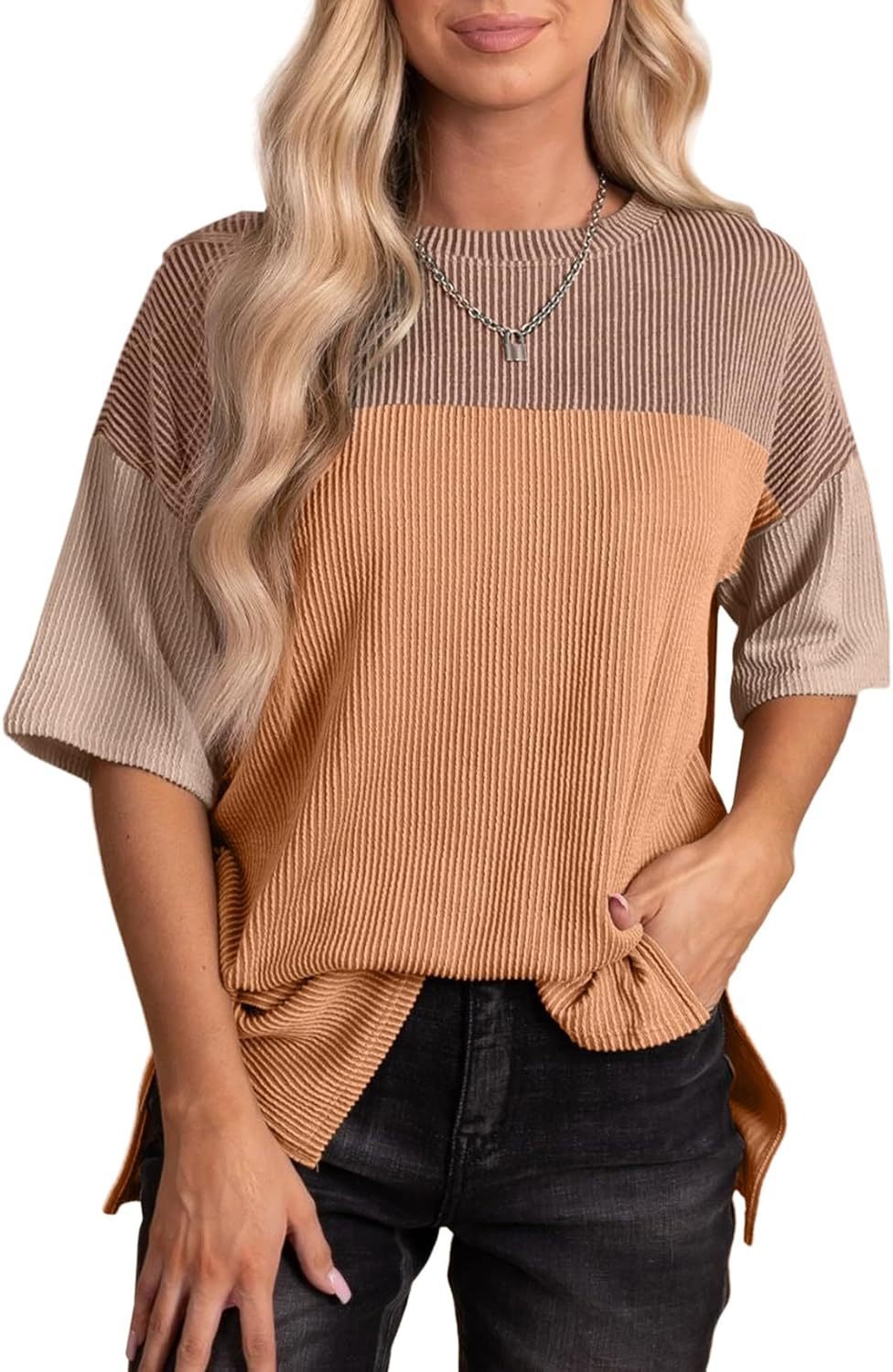  Color Block  Crewneck Knitted  T Shirts Tops