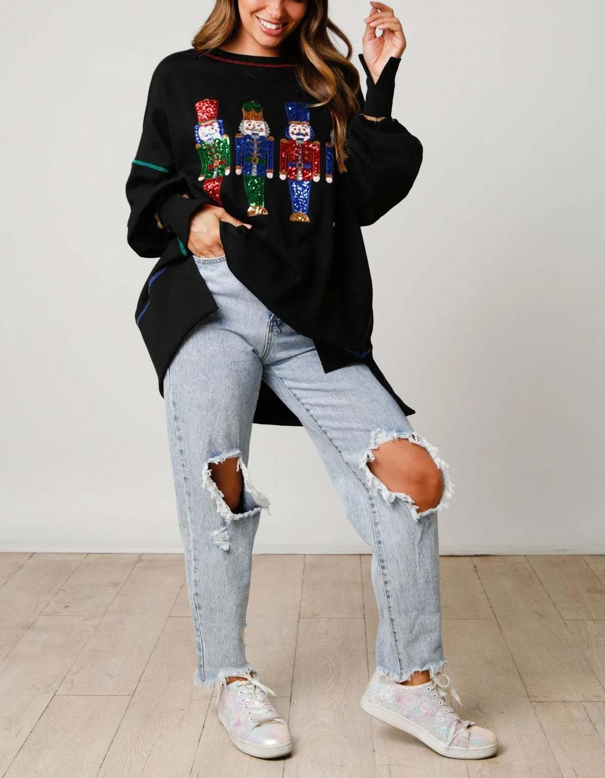 Christmas Sequin Print Crew Neck Long Sleeve Sweatshirt