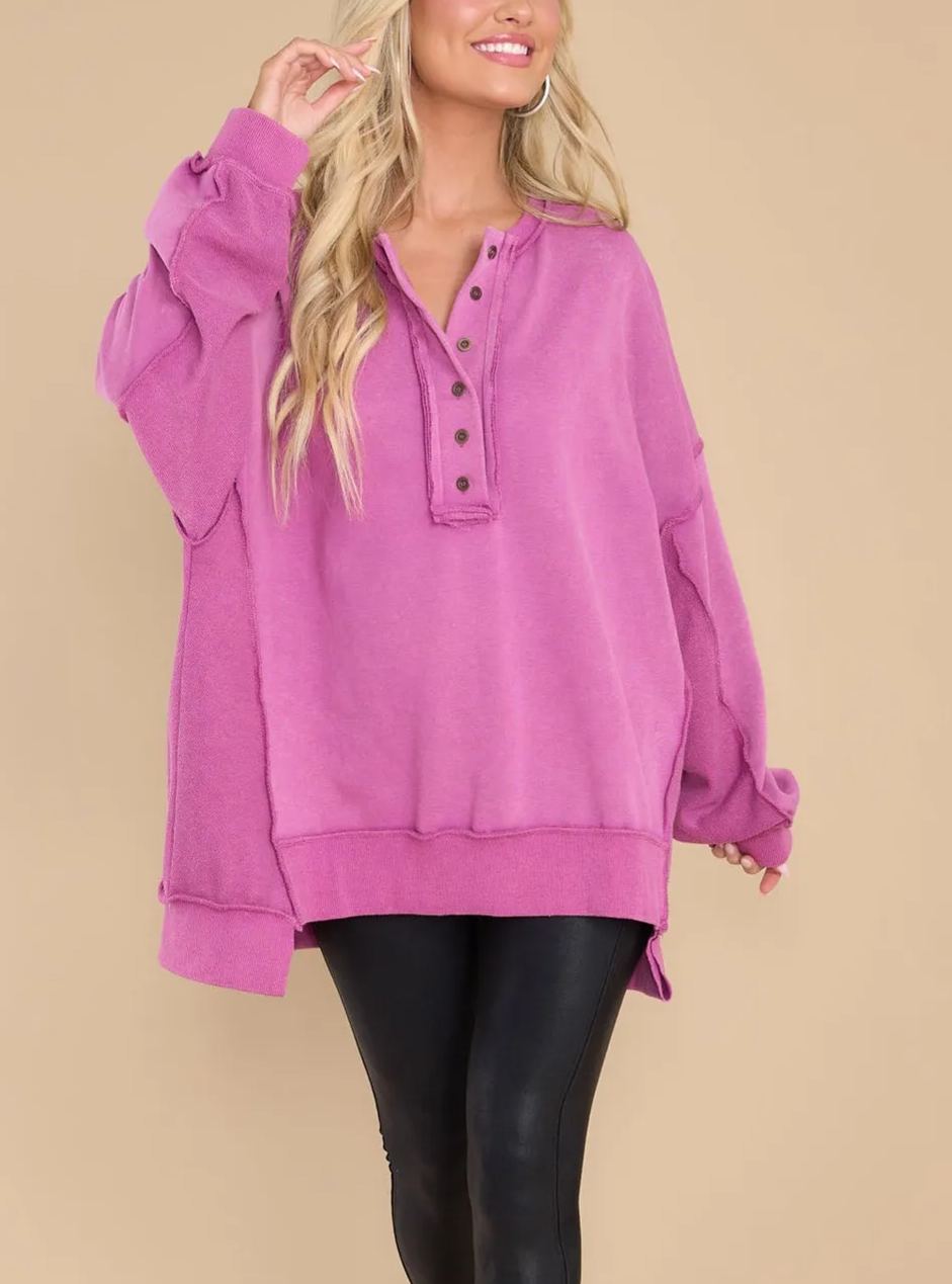 Oversized Casual Buttoned Henley Sweatshirt (Buy 2 Free Shipping)
