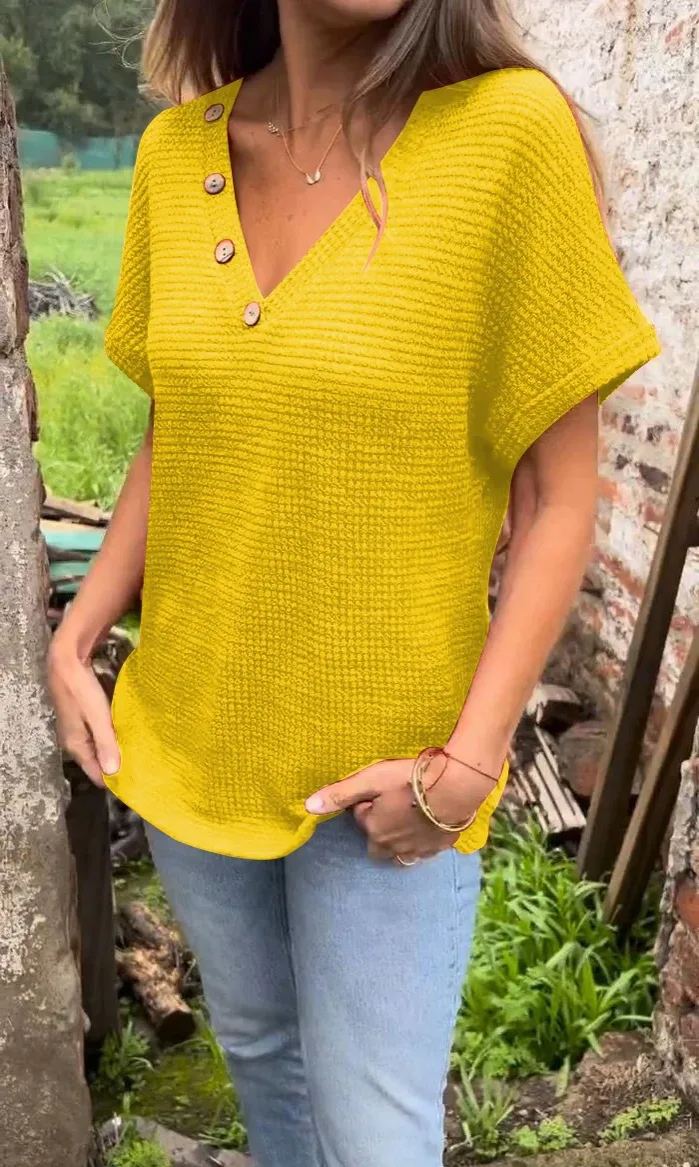 Women’s Waffle Grid Summer Short Sleeve V-Neck T-Shirt（Buy 2 Free Shipping）