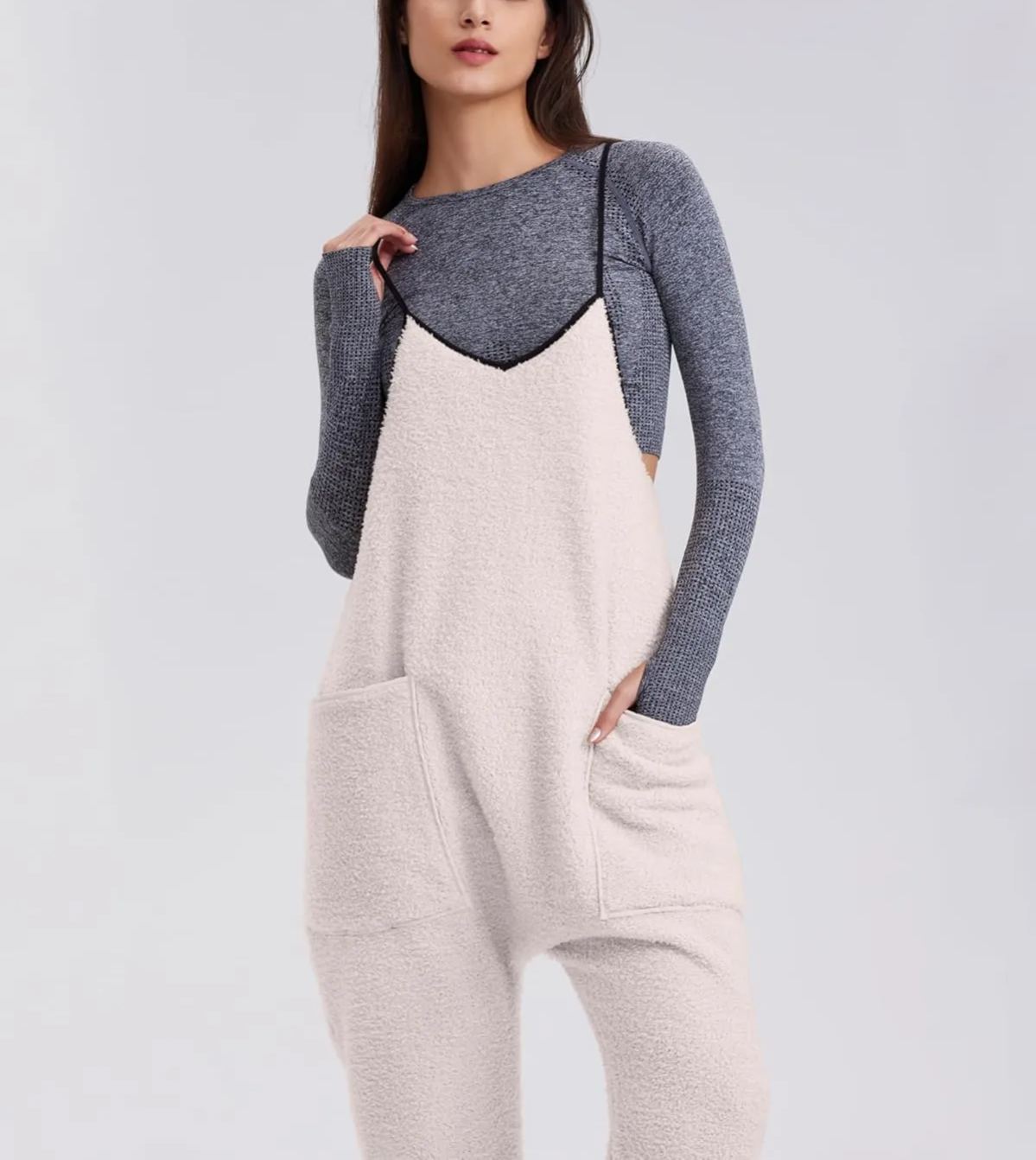 Womens Fleece Overalls Loose Fit Adjustable Strap Jumpsuits Warm Fashion Work Outfits