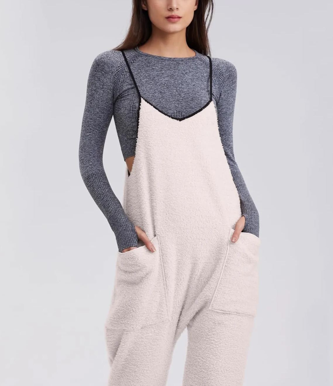 Womens Fleece Overalls Loose Fit Adjustable Strap Jumpsuits Warm Fashion Work Outfits