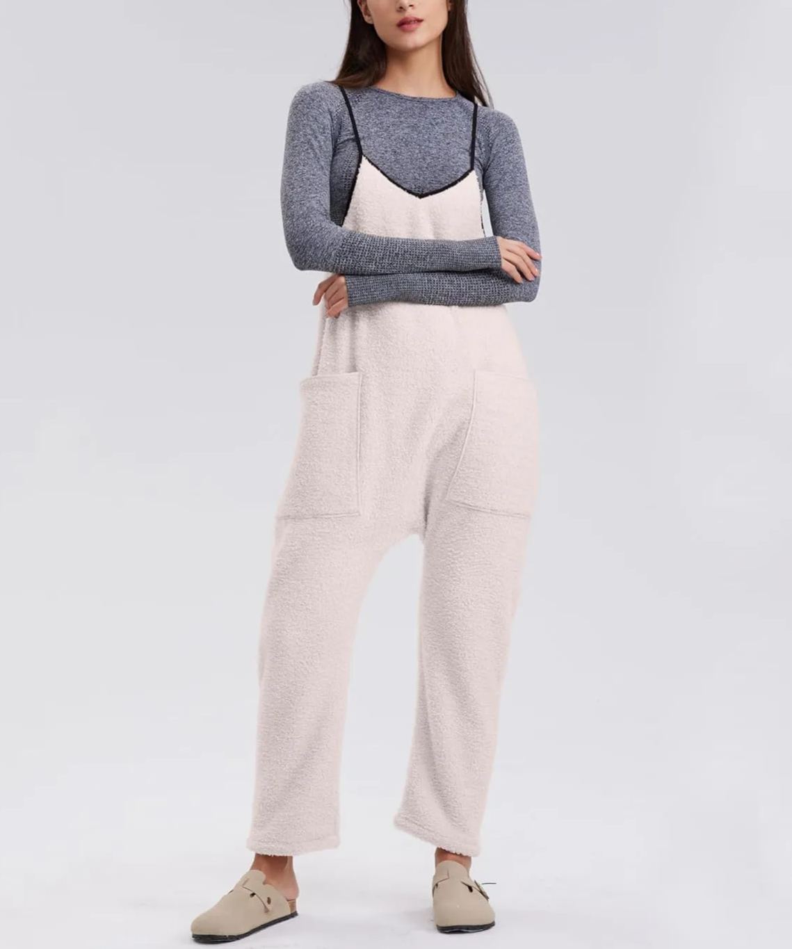 Womens Fleece Overalls Loose Fit Adjustable Strap Jumpsuits Warm Fashion Work Outfits