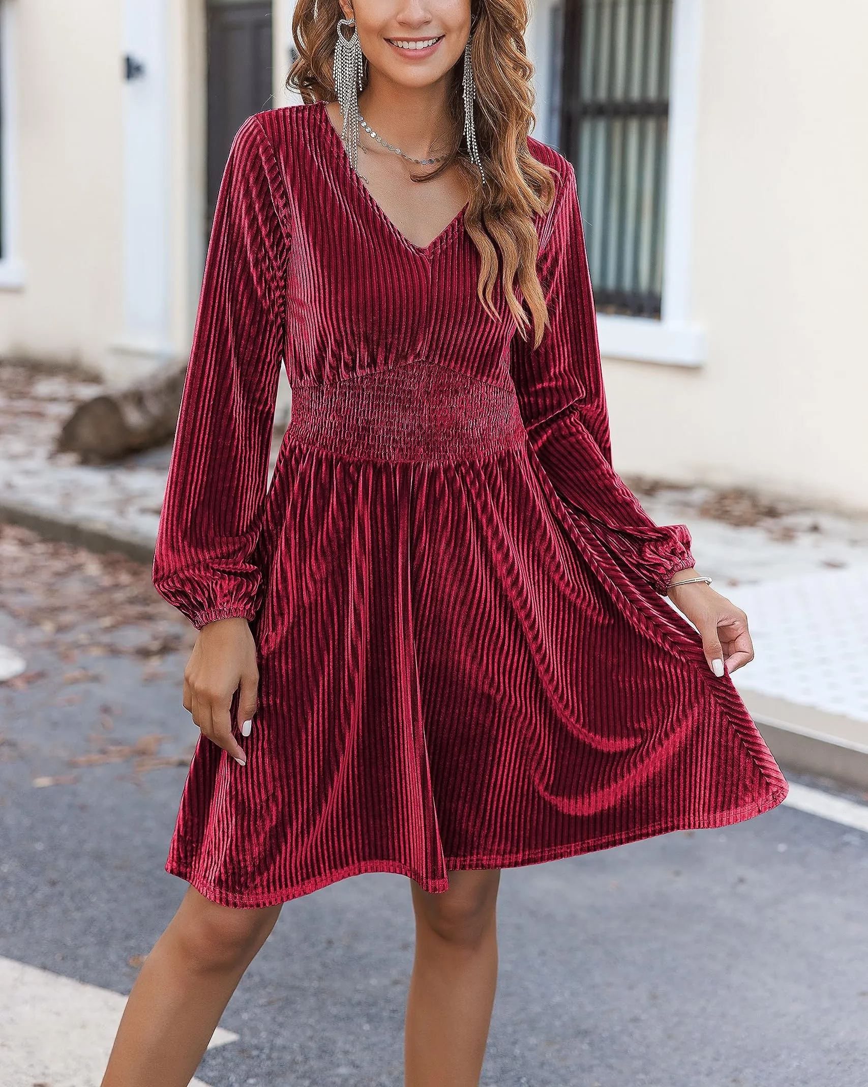 Women's Velvet V-neck Long Sleeve Stretch Mini Party Cocktail Flared Dress(buy 2 10% OFF)