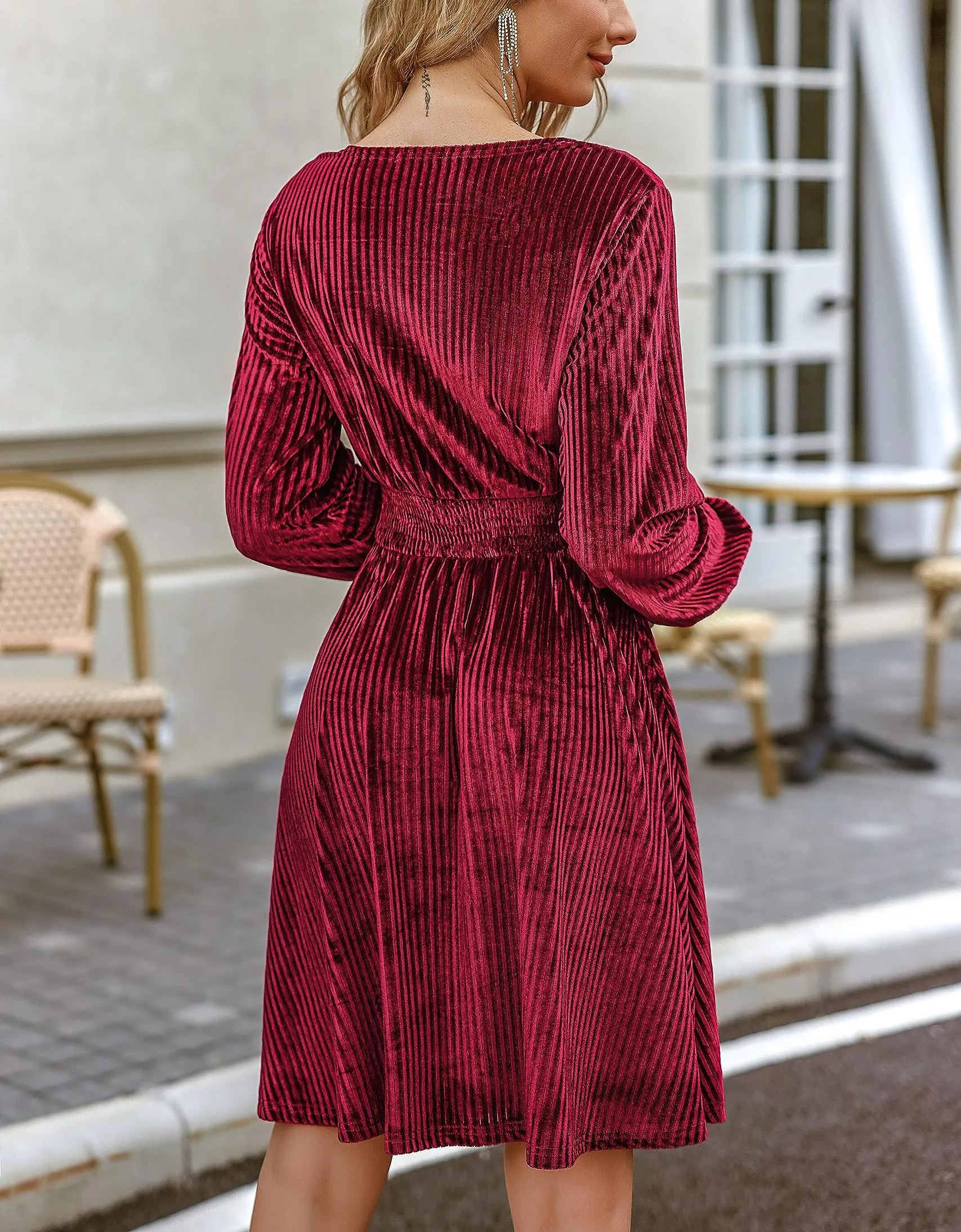 Women's Velvet V-neck Long Sleeve Stretch Mini Party Cocktail Flared Dress(buy 2 10% OFF)