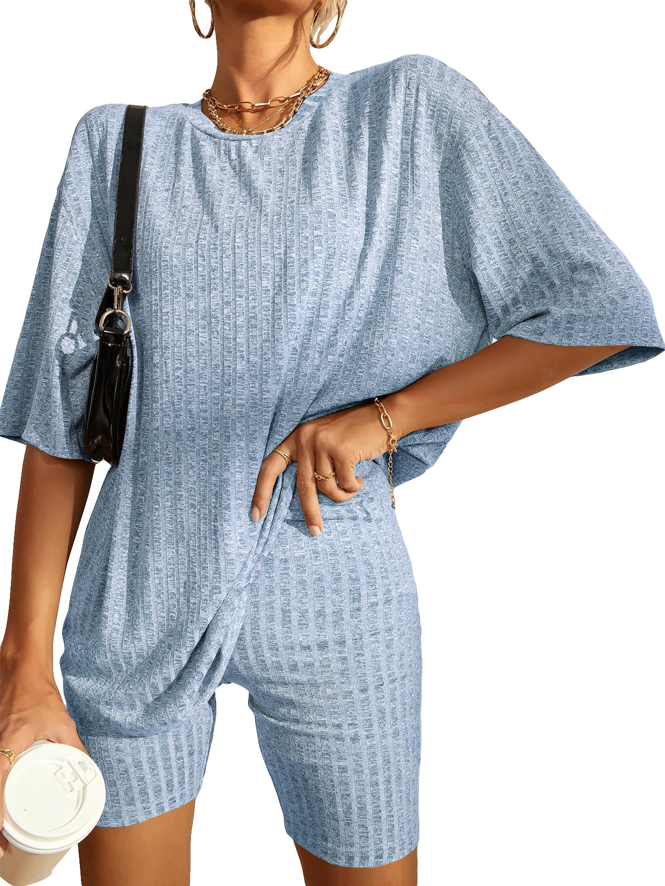 Women's 2 Piece Outfits Ribbed Short Sleeve Drop Shoulder Tee And Shorts Set(BUY 2 FREE SHIPPING)