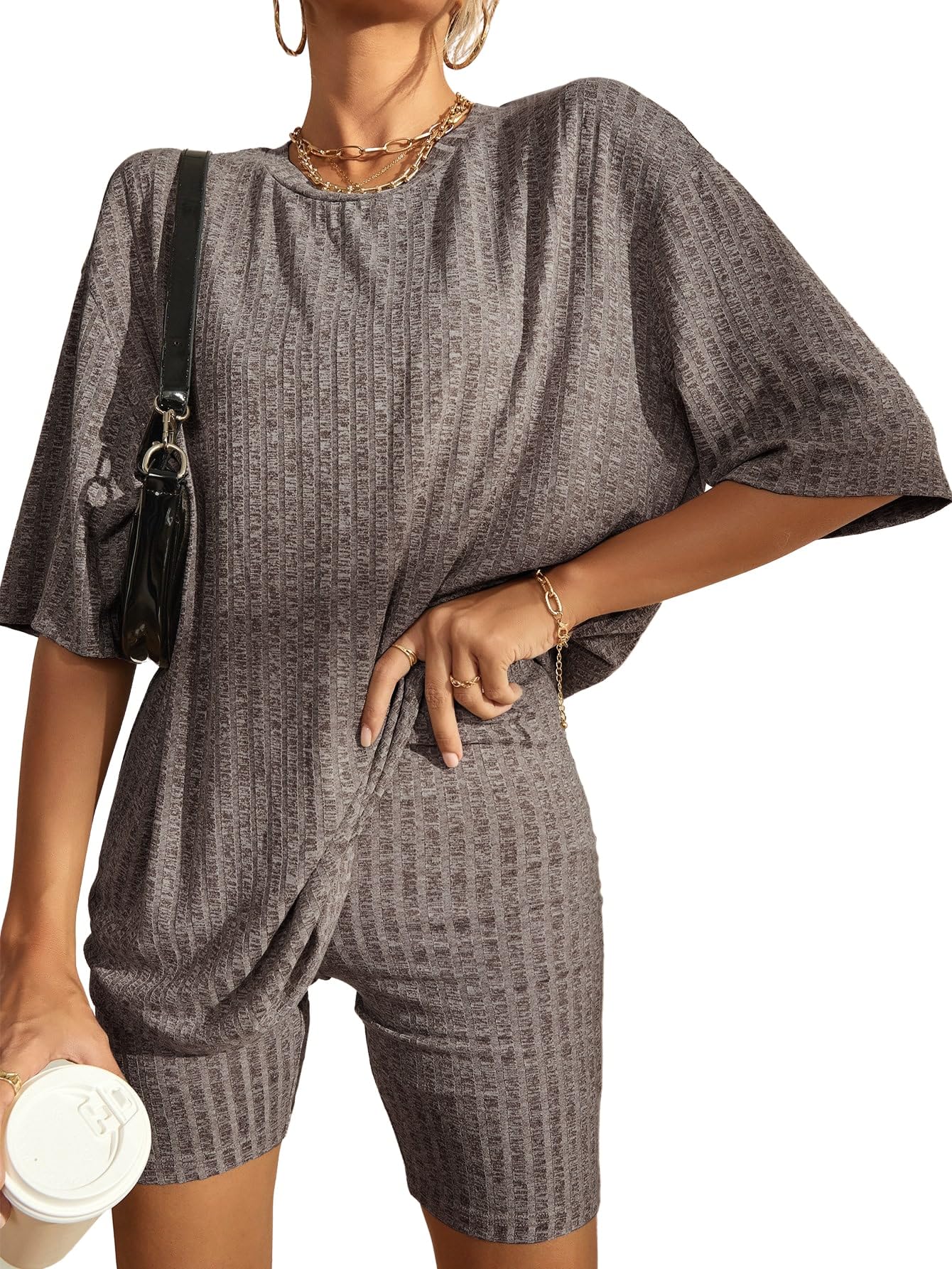 Women's 2 Piece Outfits Ribbed Short Sleeve Drop Shoulder Tee And Shorts Set(BUY 2 FREE SHIPPING)