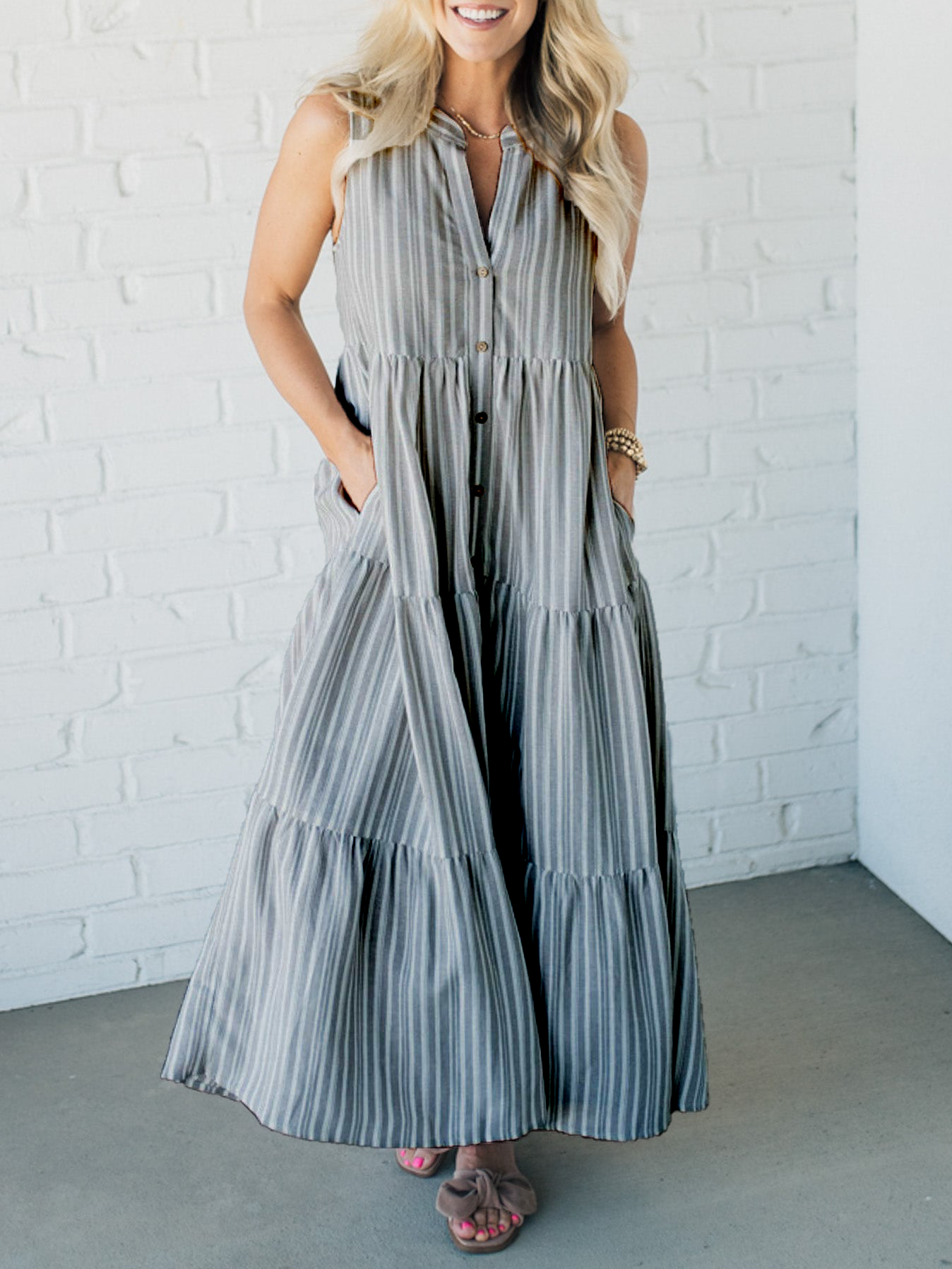HOT SALE V Neck Striped Button Front Tiered Dress (Buy 2 Free Shipping)
