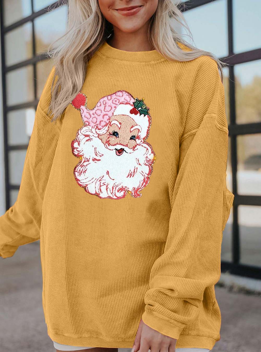 Round Neck Loose Long Sleeve Shiny Santa Pattern Shirt Pullover【Buy 2 Free Shipping】