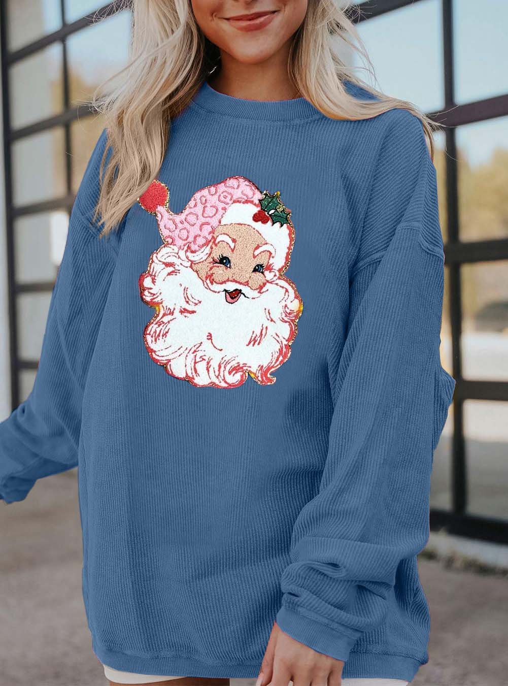 Round Neck Loose Long Sleeve Shiny Santa Pattern Shirt Pullover【Buy 2 Free Shipping】
