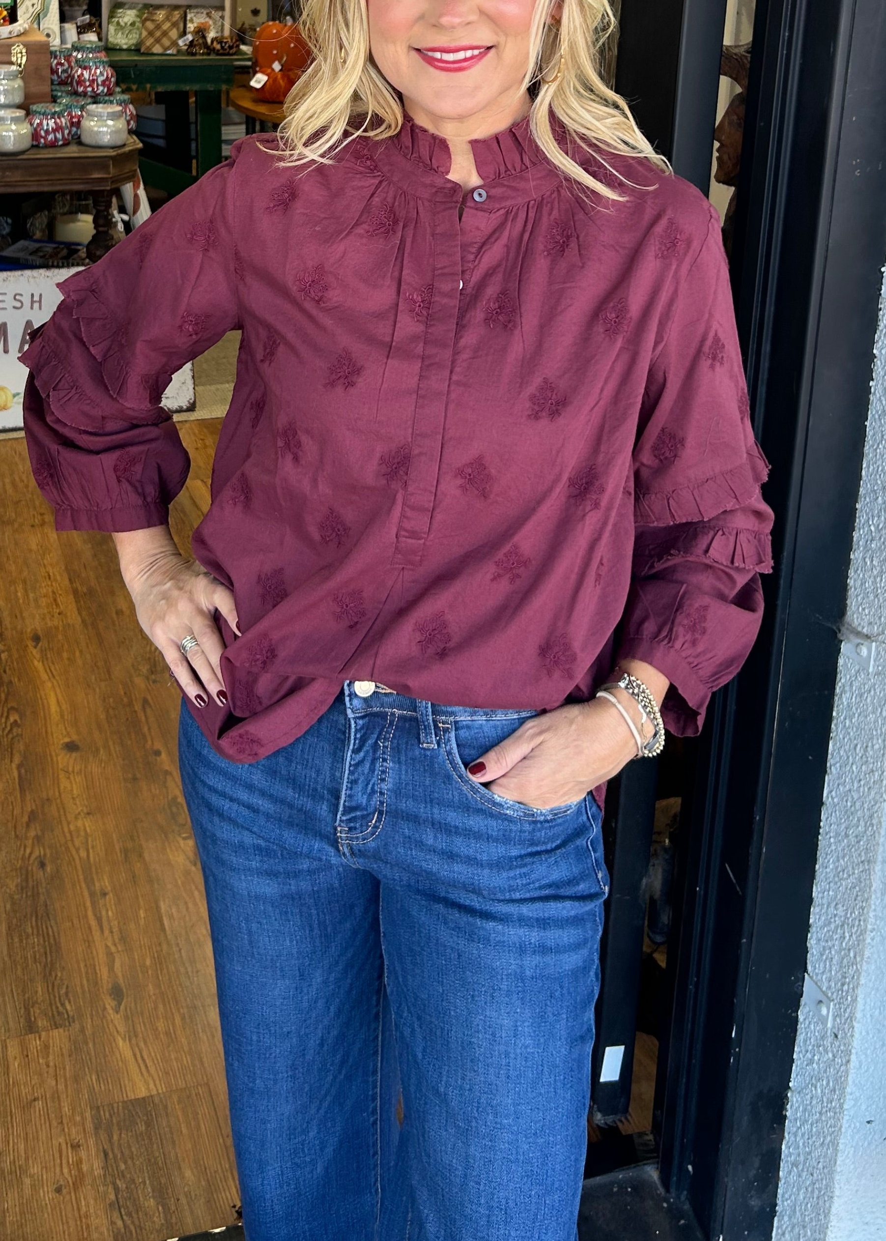 Strawberry Print Ruffle Sleeve Shirt (Buy 2 Free Shipping)