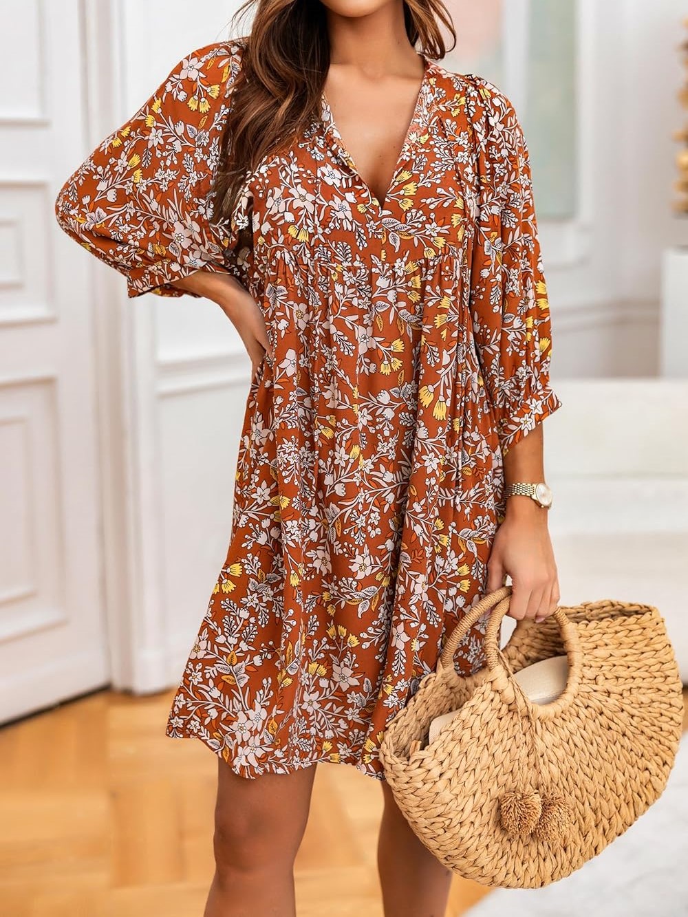 HOT SALE V Neck Summer Half Sleeve Bohemian Floral Tunic Short Dresses