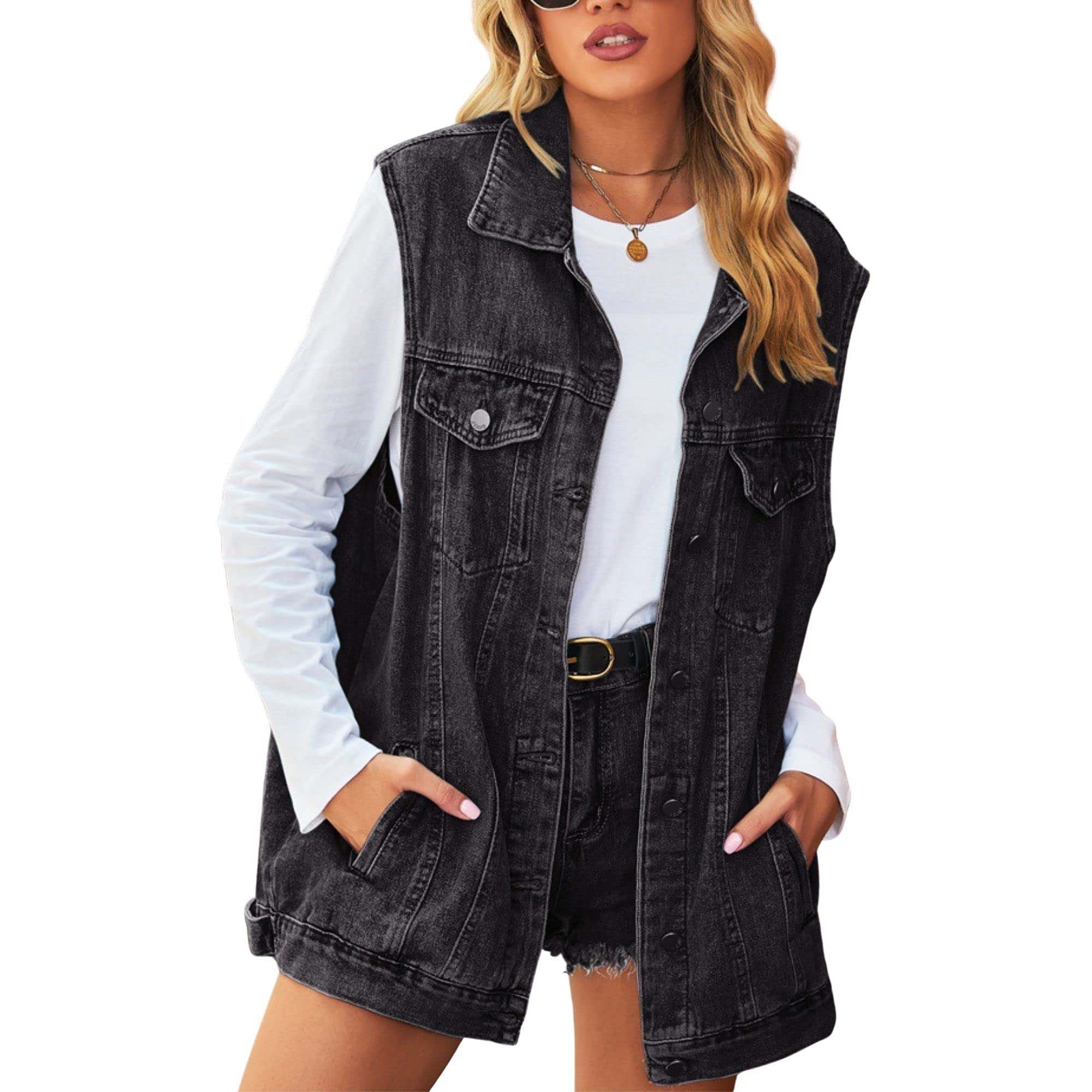 Women’s Vintage Denim Jean Vest Oversized Button Down Jean Waistcoat Gilet (Final Days: Big Savings!!!)