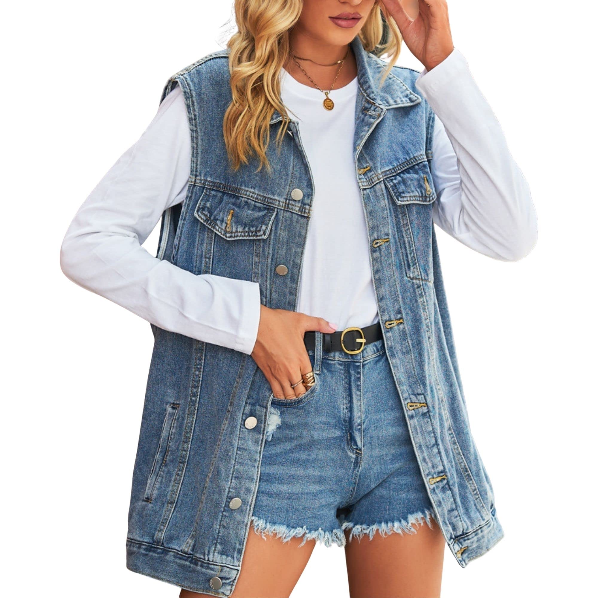 Women’s Vintage Denim Jean Vest Oversized Button Down Jean Waistcoat Gilet (Final Days: Big Savings!!!)