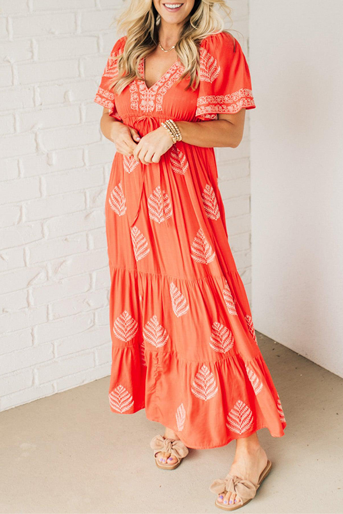 Embroidered V-Neck Maxi Dress
