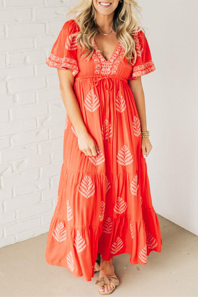 Embroidered V-Neck Maxi Dress