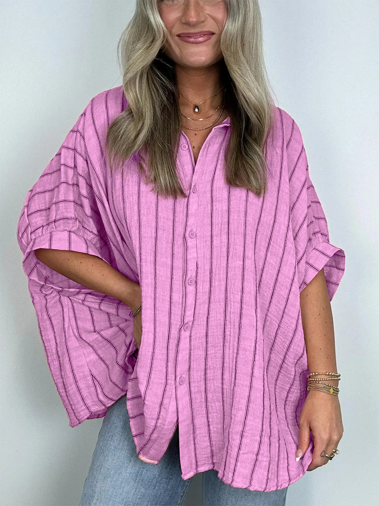 2024 Popular Oversized Striped Button Down Top Shirt jacket(50% OFF🔥)
