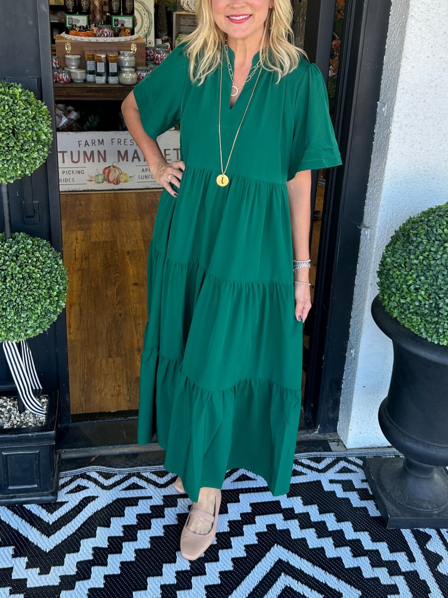 V-Neck Tiered Midi Dress with Pockets (Buy 2 Free Shipping)