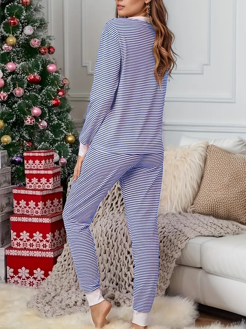 2pcs Christmas Striped V-Neck Long Sleeve Pajama Set, Autumn/Winter