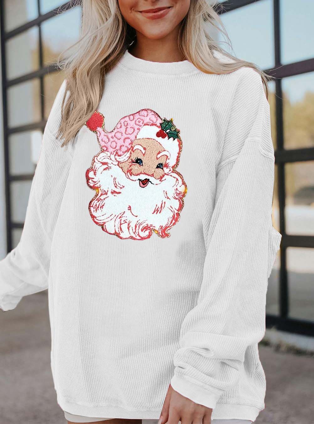 Round Neck Loose Long Sleeve Shiny Santa Pattern Shirt Pullover【Buy 2 Free Shipping】