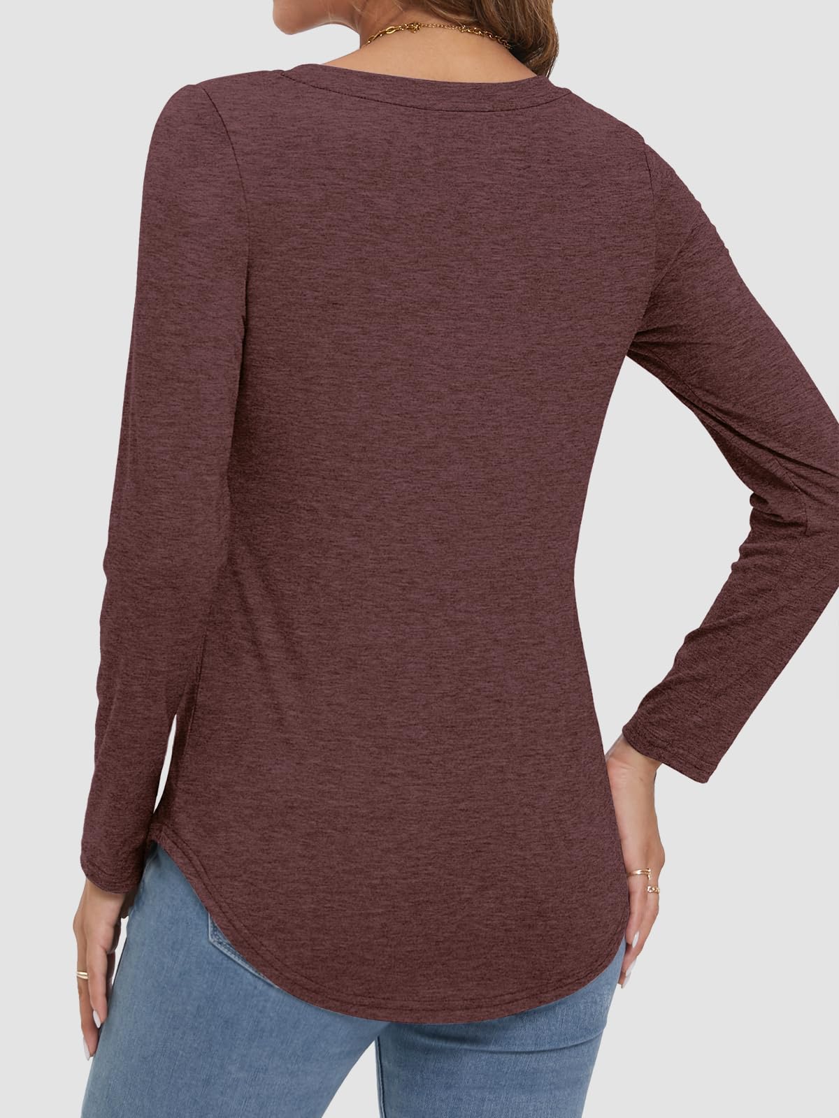 Women's V-neck Curved Hem Long Sleeve T-shirt