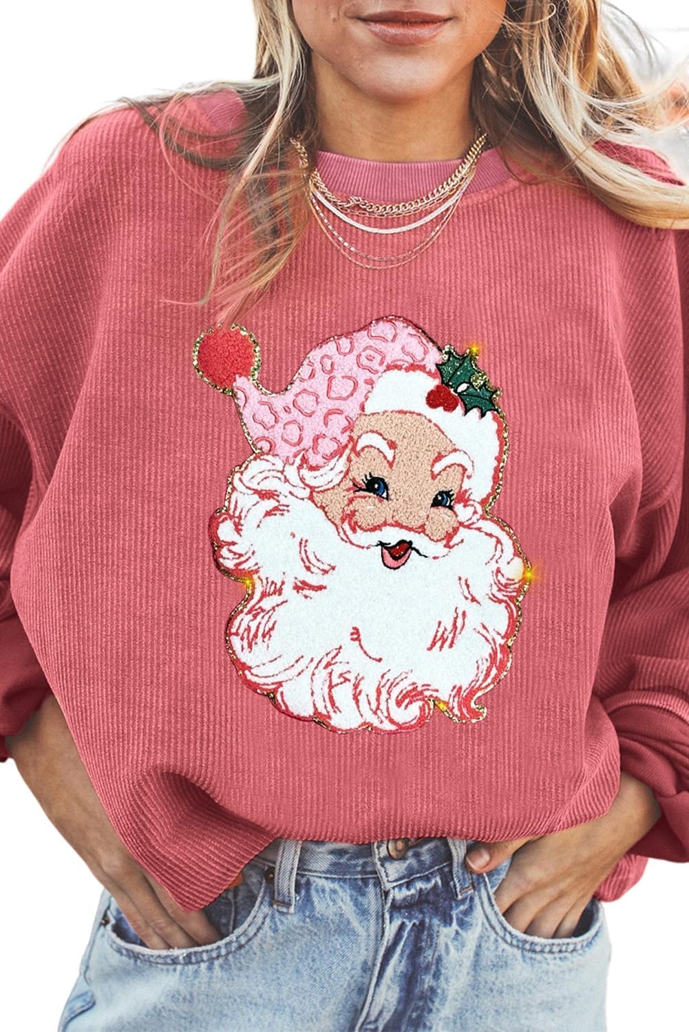 Round Neck Loose Long Sleeve Shiny Santa Pattern Shirt Pullover【Buy 2 Free Shipping】