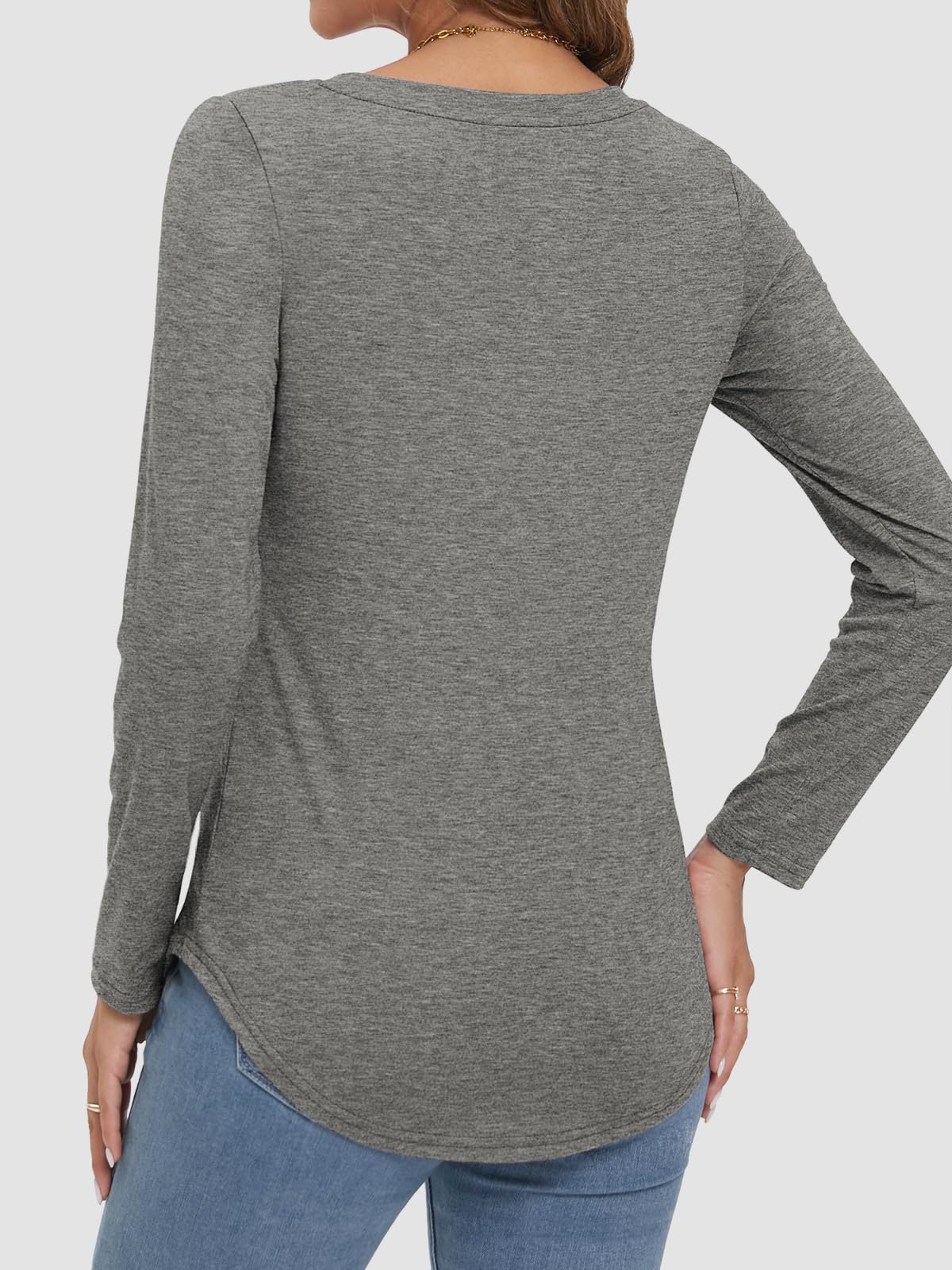 Women's V-neck Curved Hem Long Sleeve T-shirt