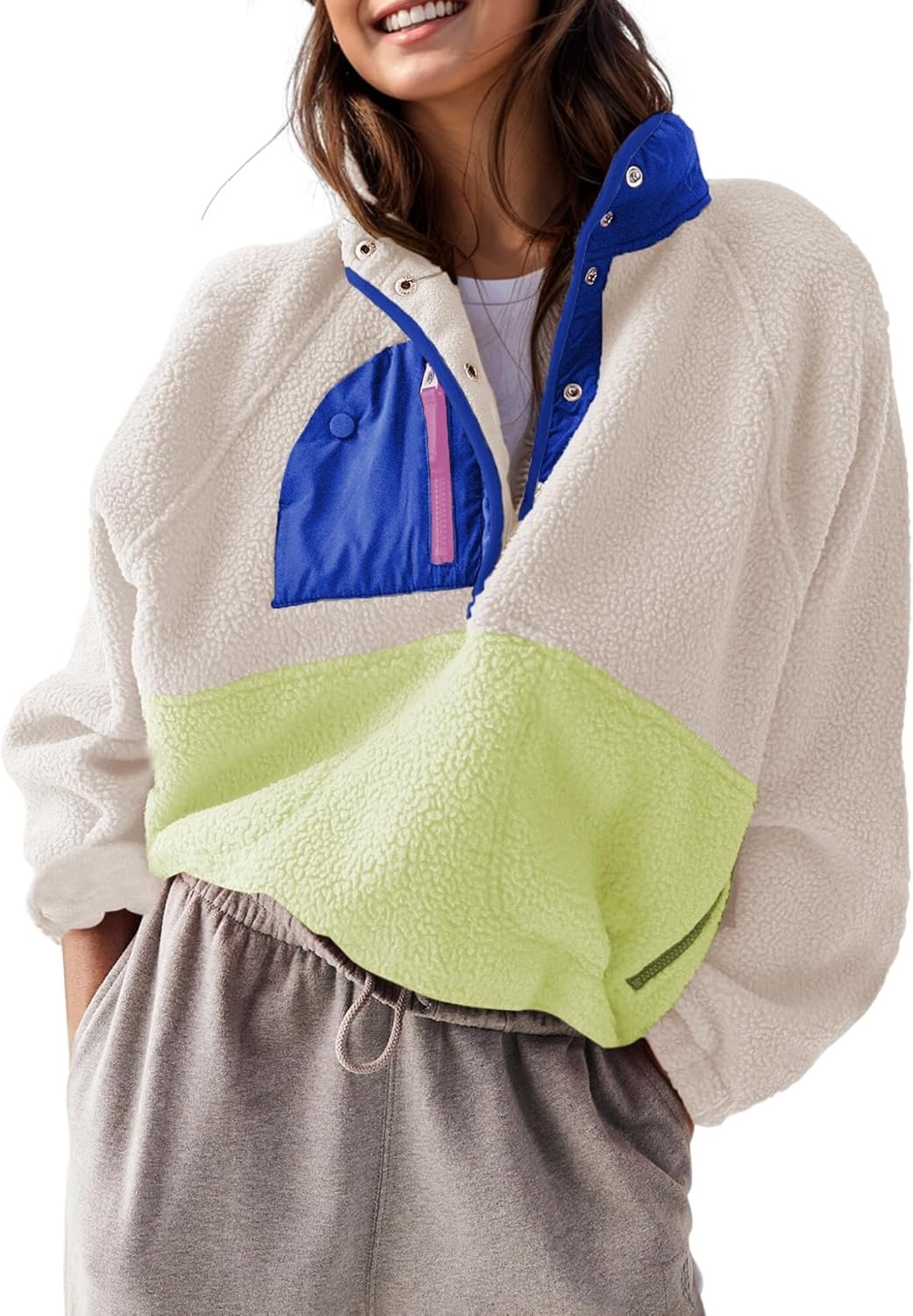 Women’s Fleece Pullover Jacket Cropped  Fuzzy Sherpa Jacket