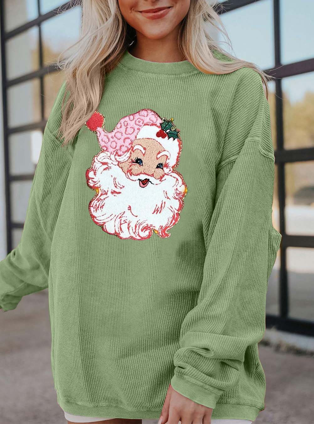 Round Neck Loose Long Sleeve Shiny Santa Pattern Shirt Pullover【Buy 2 Free Shipping】
