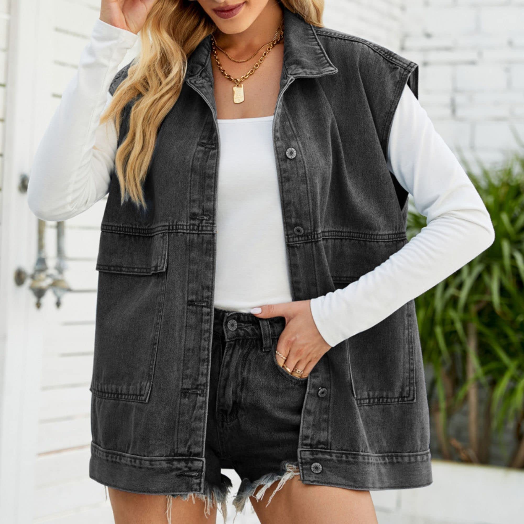 Women’s Vintage Denim Jean Vest Oversized Button Down Jean Waistcoat Gilet (Final Days: Big Savings!!!)