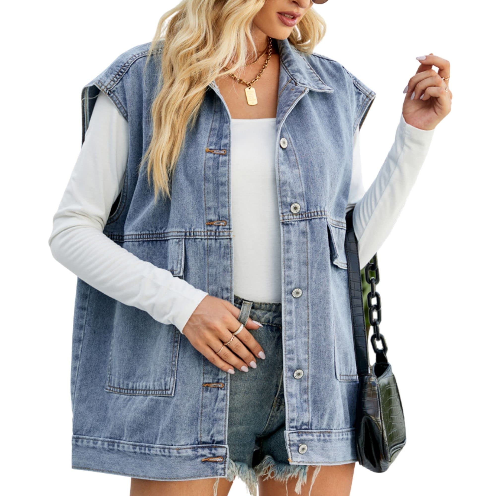 Women’s Vintage Denim Jean Vest Oversized Button Down Jean Waistcoat Gilet (Final Days: Big Savings!!!)