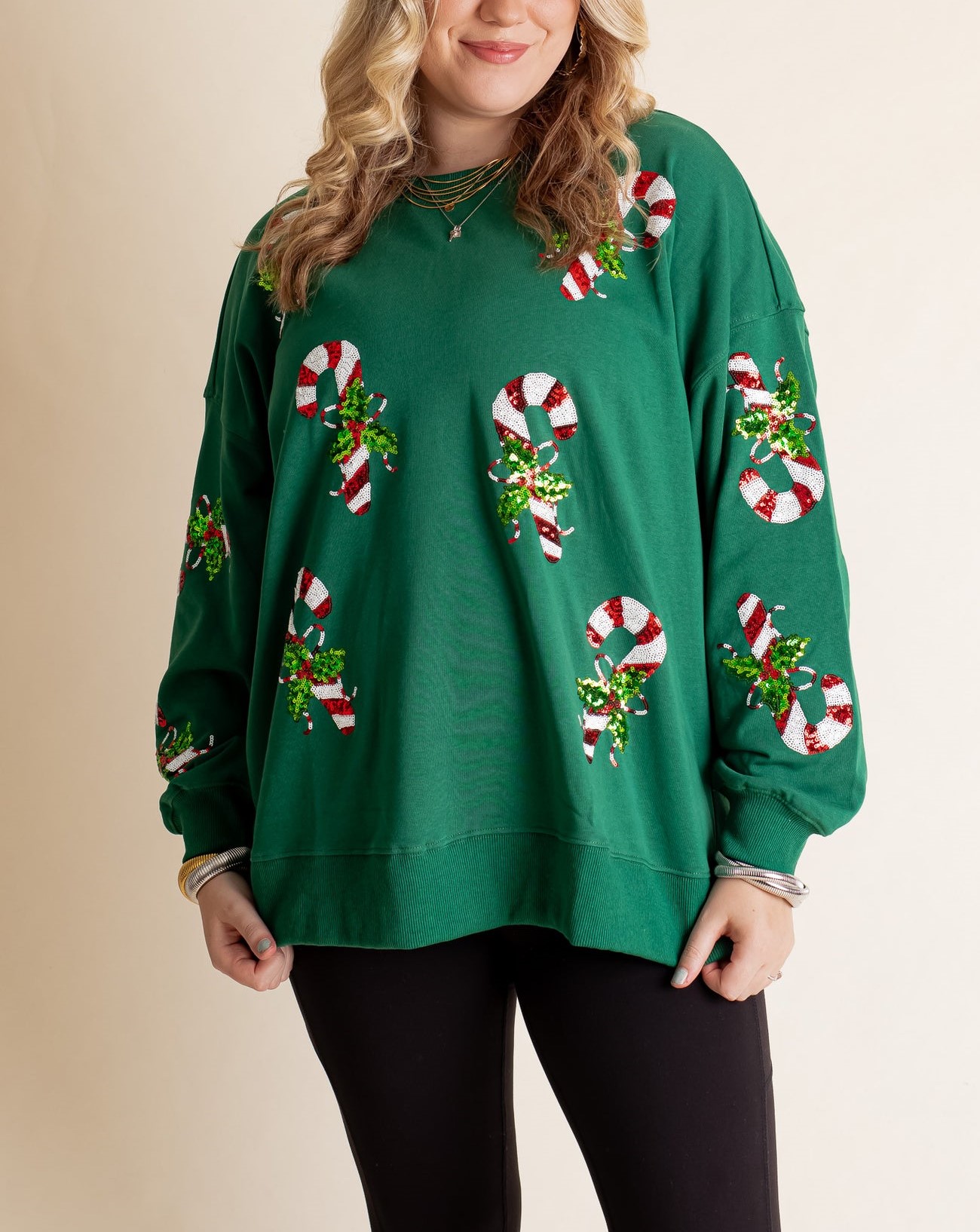 Women's Candy Cane Christmas Sequin Sweatshirt