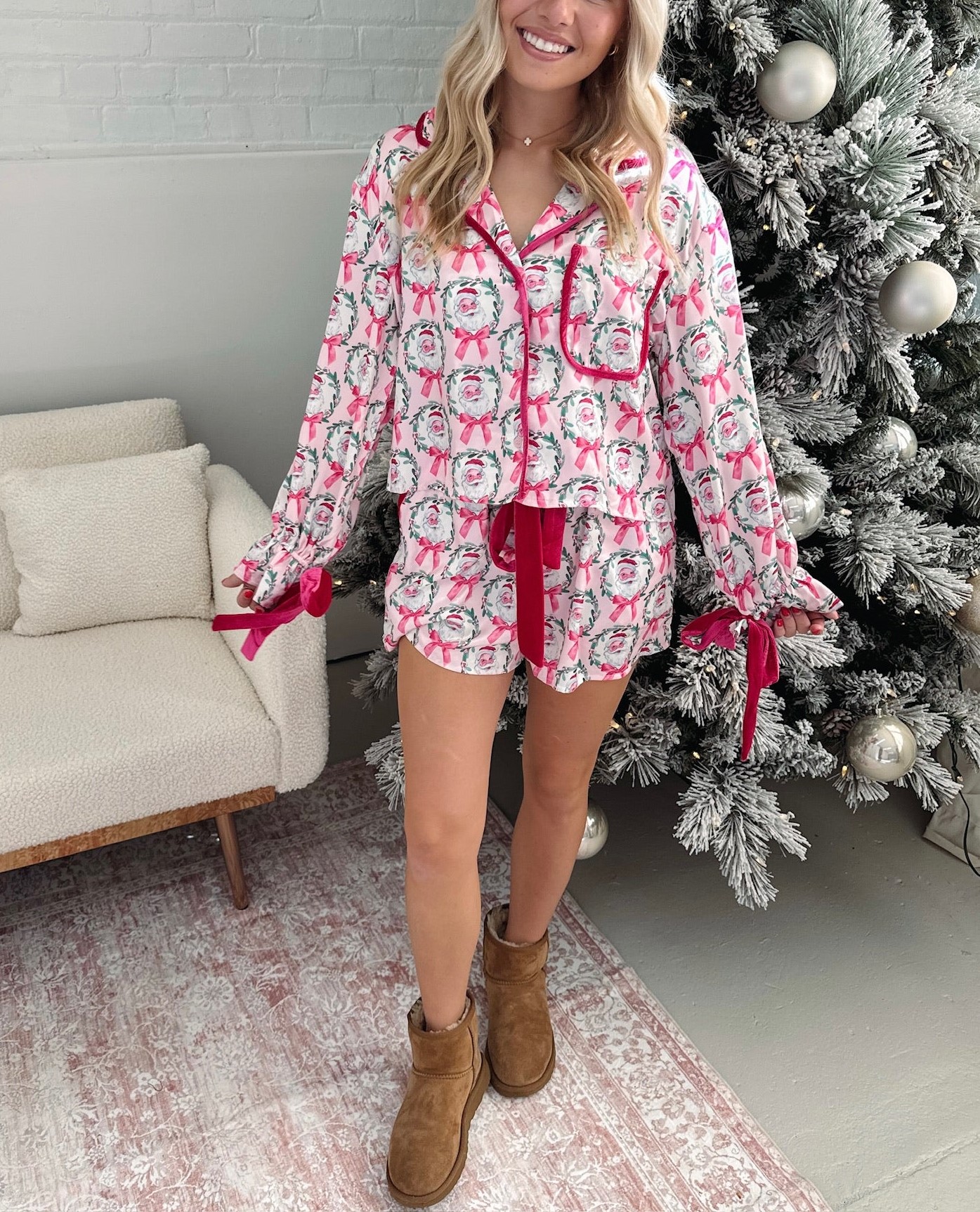 Women's Christmas Pink Santa and Bow Pajamas