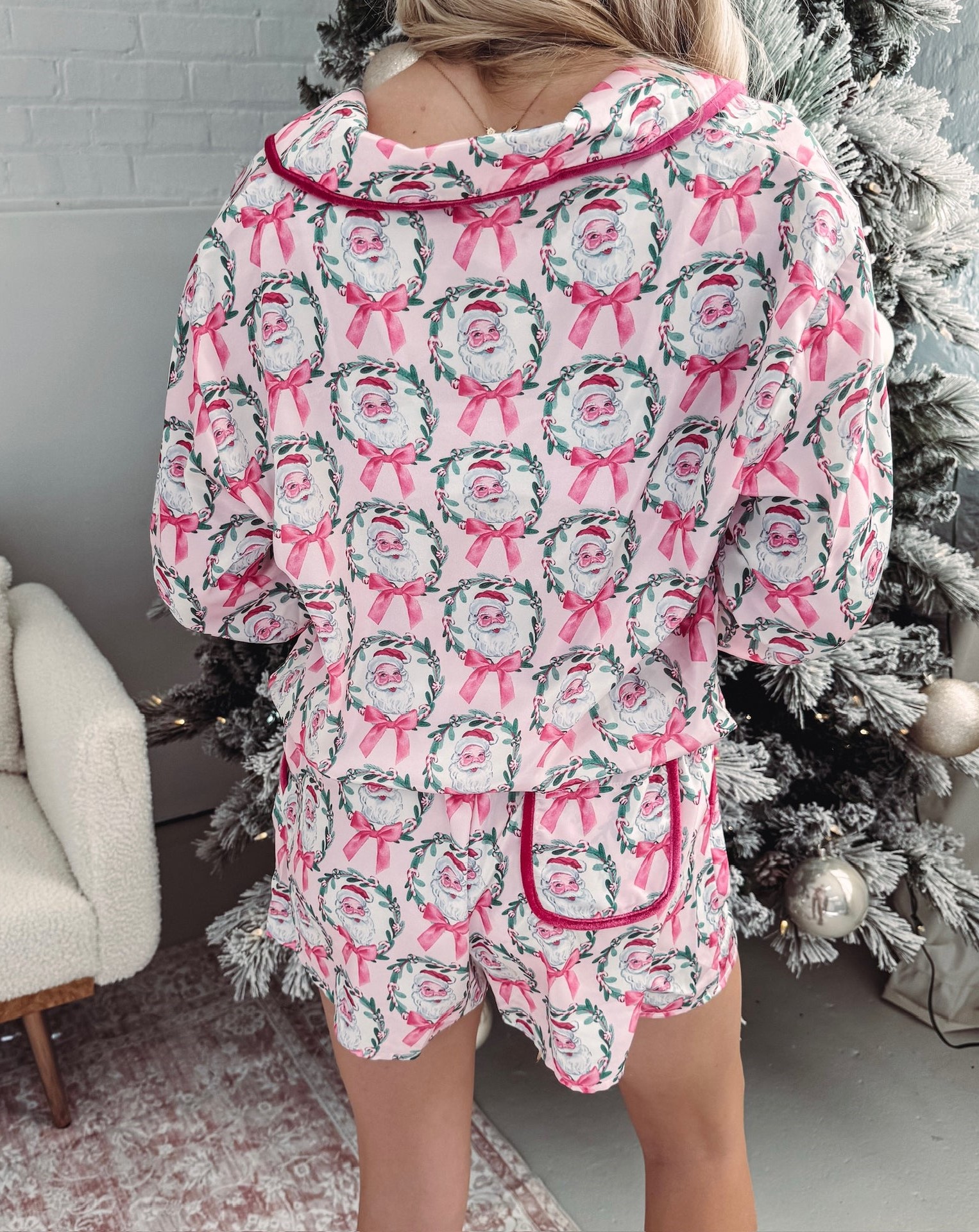 Women's Christmas Pink Santa and Bow Pajamas