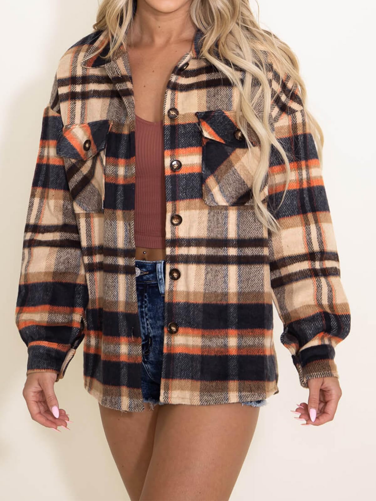 Women's Fall Flannel Plaid Button Down Long Sleeve Shirts Jackets