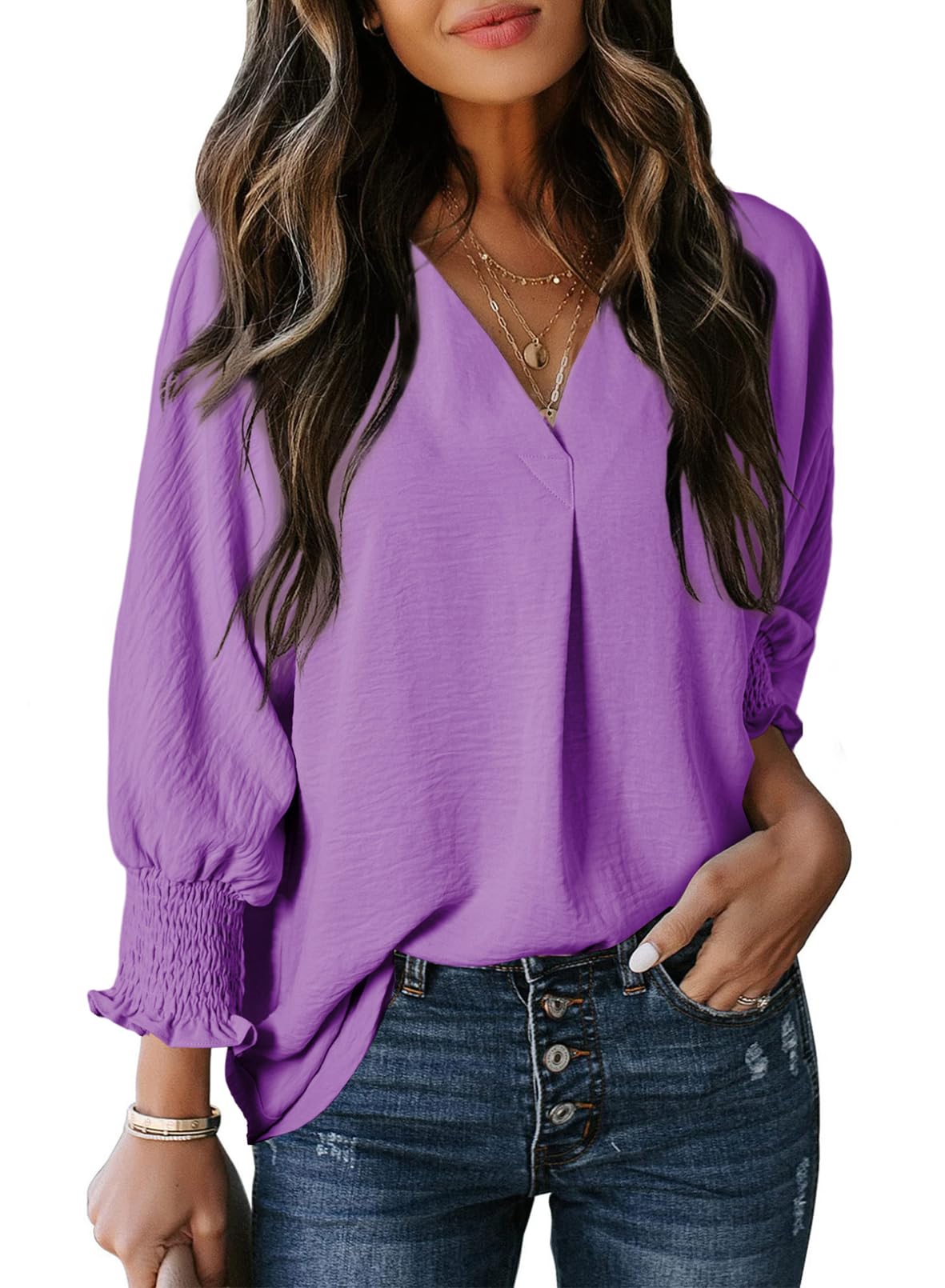 Womens Casual 3/4 Sleeve V Neck Loose Fit Basic Tees