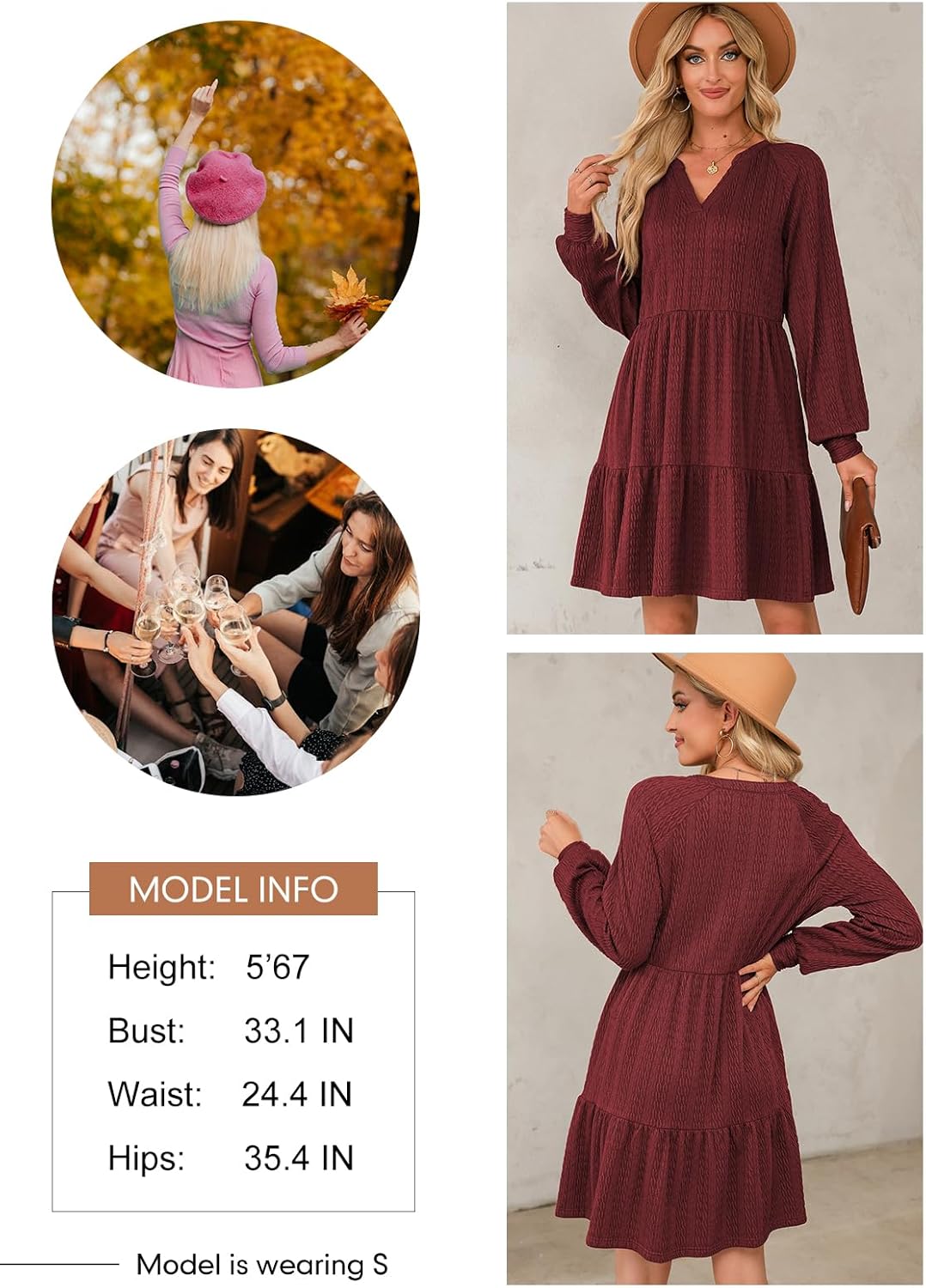 Womens Long Sleeve V Neck Textured  Tiered Ruffle  Mini Babydoll Dress