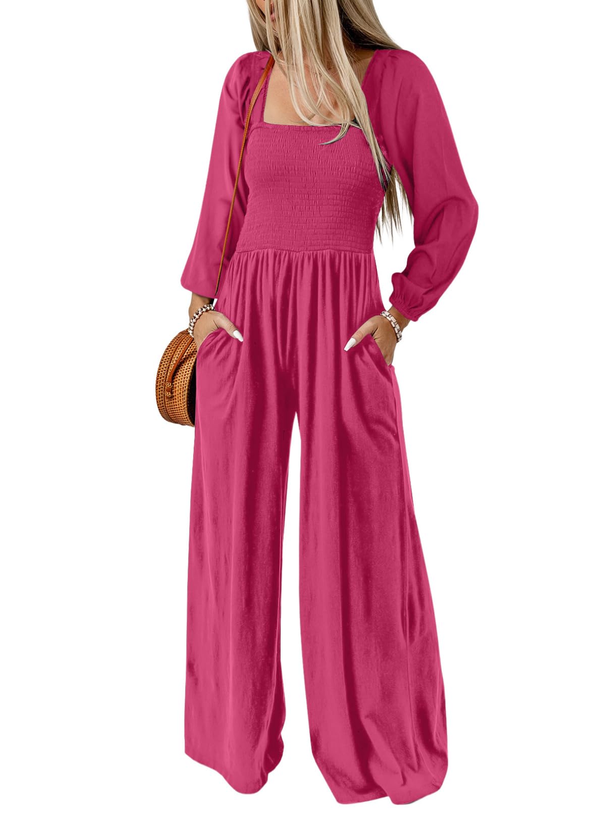Women's Casual Long Sleeve Loose Wide Leg Jumpsuits Rompers With Pockets
