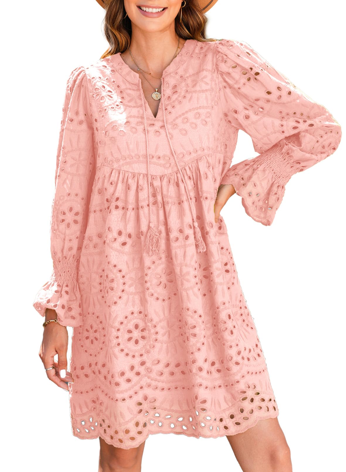 Womens V Neck Long Sleeve Hollow Out Lace Ruffle Dresses